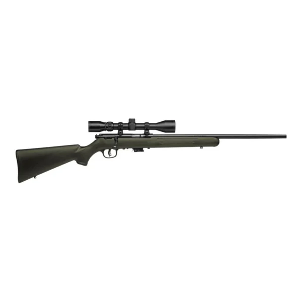 Savage Arms SAV MKII-FXP rifle in right-side view with OD green stock and mounted scope