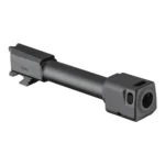 Springfield Hellcat black threaded barrel with self-indexing compensator in angled view