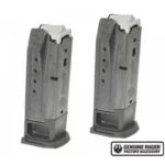 Ruger SEC-9 magazines, two gray metal magazines with black baseplates, front view