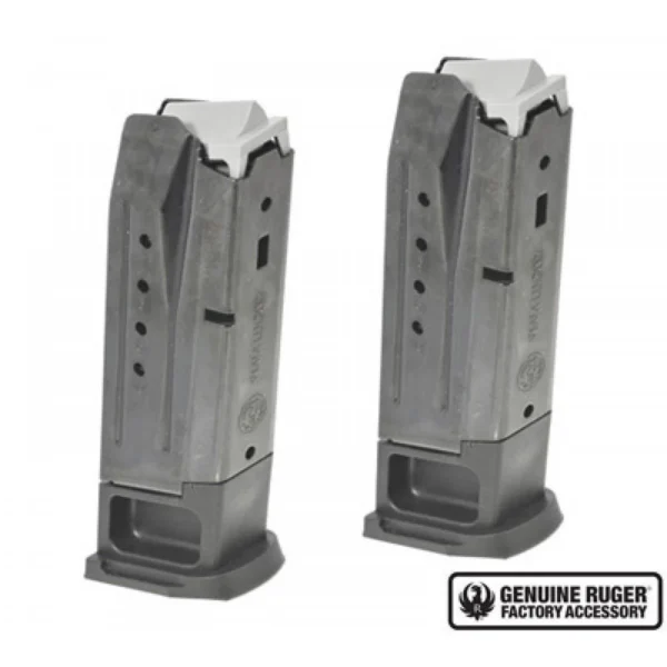 Ruger SEC-9 magazines, two gray metal magazines with black baseplates, front view