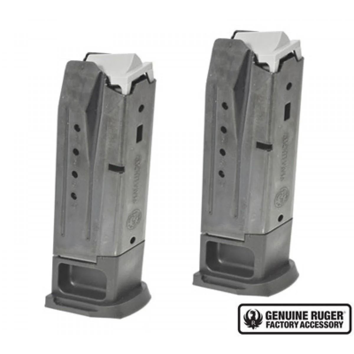 primary-48374 Ruger SEC-9 magazines, two gray metal magazines with black baseplates, front view