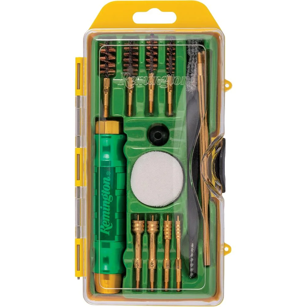primary-48383 Remington Premier shotgun cleaning kit, front view in clear case with green tools and brass brushes
