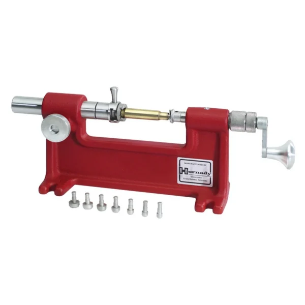 Hornady Cam Lock Trimmer red bench tool in side view with silver handle and pilots