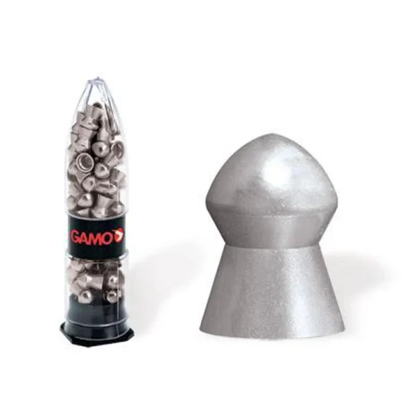Gamo PBA Platinum Pellets, clear container and close-up of a silver pellet