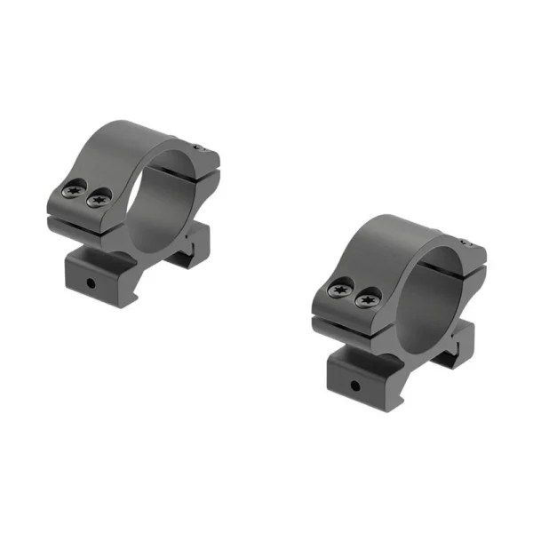 Leupold Rifleman Gen2 Scope Rings, two black rings in angled side view with mounting screws