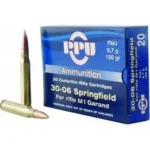 Prvi Partizan PPU 30-06 SPRING, blue ammunition box with two brass cartridges