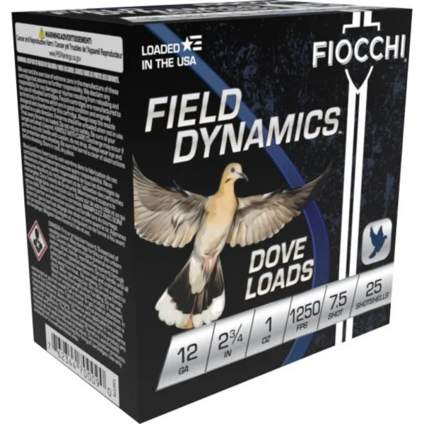 Fiocchi Lead Dove & Quail Shotshells, black Field Dynamics box in three-quarter view