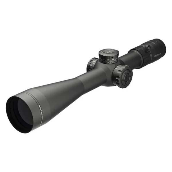 Leupold LEUP MARK 4HD 8-32X56 ILLUM PR2-MOA black scope, angled front view with turrets