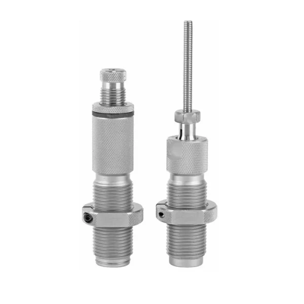 HORNADY 2-DIE RIFLE SET SERIES, two silver reloading dies upright on white