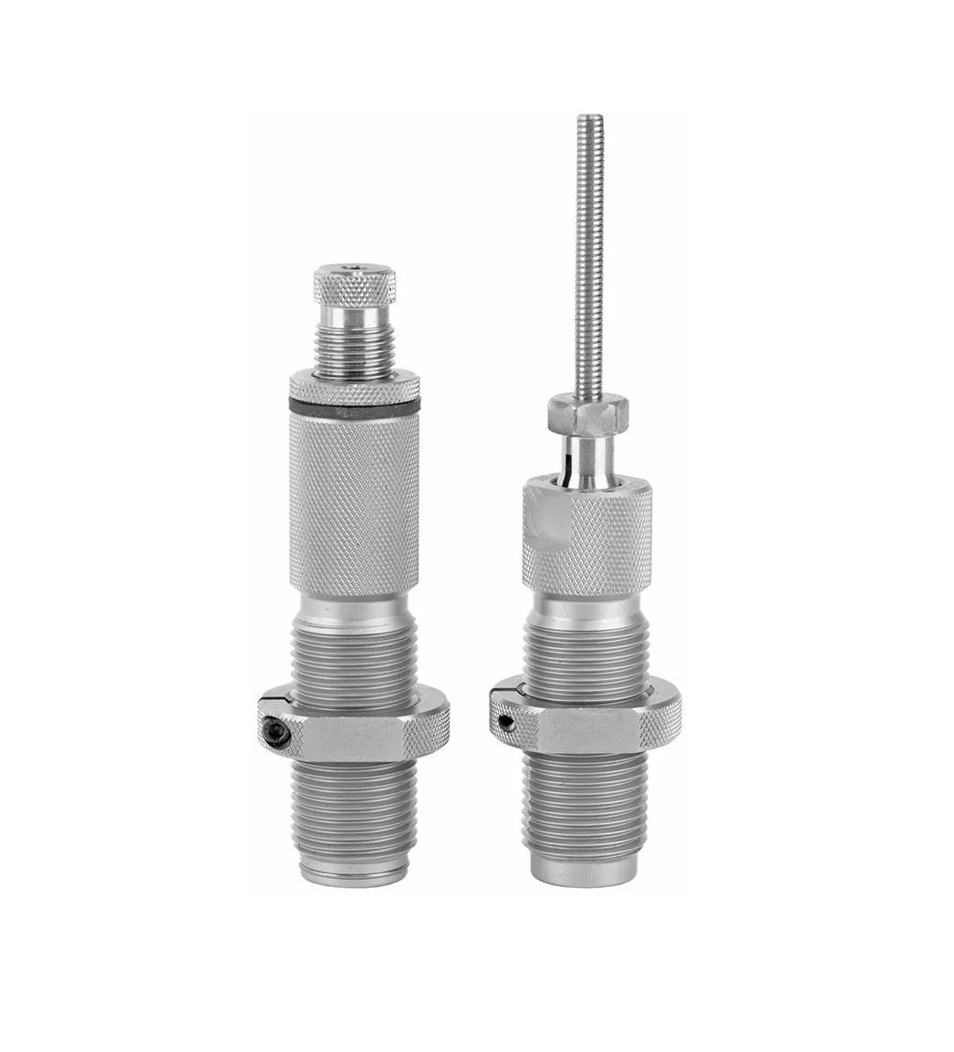 primary-48411 HORNADY 2-DIE RIFLE SET SERIES, two silver reloading dies upright on white