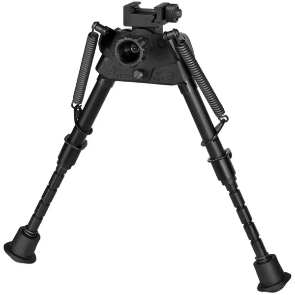 Harris S-BRMP Bipod in black, front view with extended legs, springs and Picatinny mount