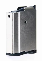 ProMag Ruger Mini-30 Magazine in nickel, angled front view with black base plate