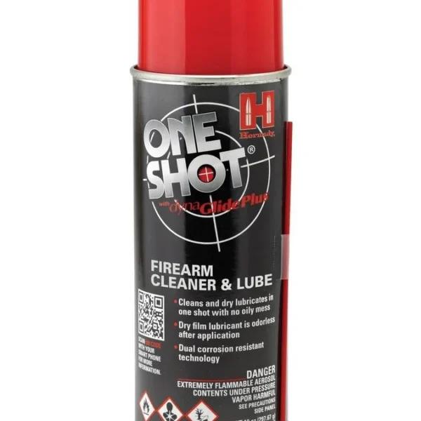 Hornady One Shot Gun Cleaner aerosol can, front view with black label and red cap