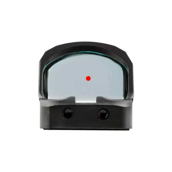Meprolight MEPRO MPO-DS red dot sight, front view in black with reflective lens and red dot