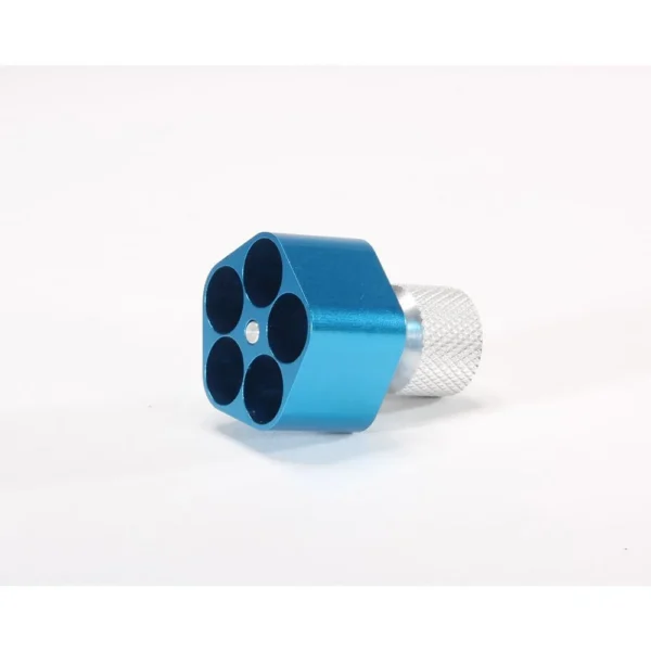 Pachmayr Aluminum Speedloader J Frame 5 Shot, blue and silver angled view with five chambers