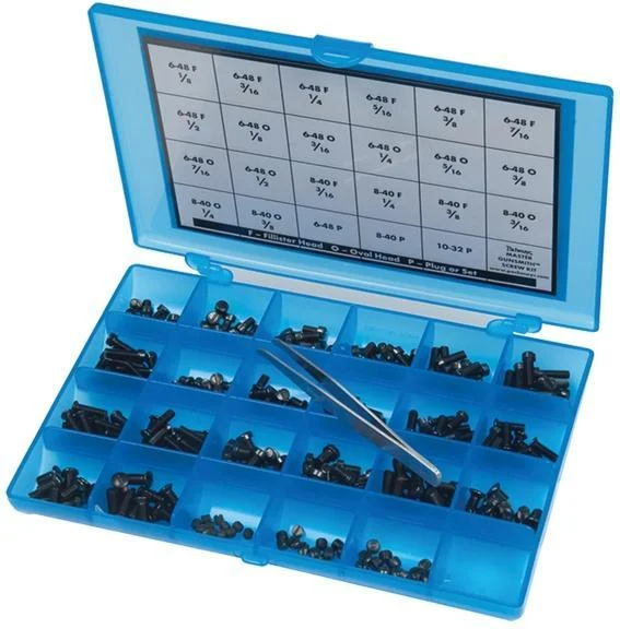 primary-48466 Pachmayr Master Gunsmith 277-Piece Screw Kit, open blue compartment case with screws and tweezers