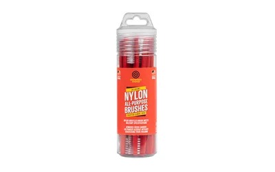 SHOOTERS CHOICE NYLON BRUSHES 20PK, red brushes in a clear cylindrical package
