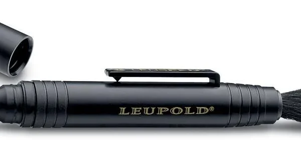 Leupold LEUP LENS PEN black cleaning pen with cap removed, cleaning tip and brush visible