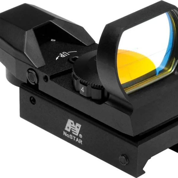NcStar Red Four Reticle Reflex Optic Sight, black optic in angled right-side view