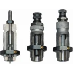 RCBS 3-DIE ROLL CRIMP SET 350 LEG, three silver dies upright with knurled adjustment caps