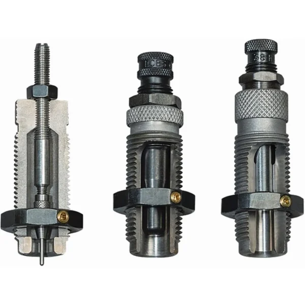 RCBS 3-DIE ROLL CRIMP SET 350 LEG, three silver dies upright with knurled adjustment caps