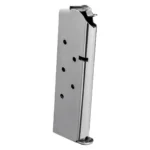 Springfield 1911 Stainless Steel Magazine, silver angled side view with witness holes and base plate