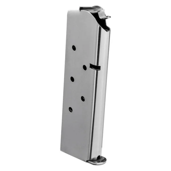 Springfield 1911 Stainless Steel Magazine, silver angled side view with witness holes and base plate