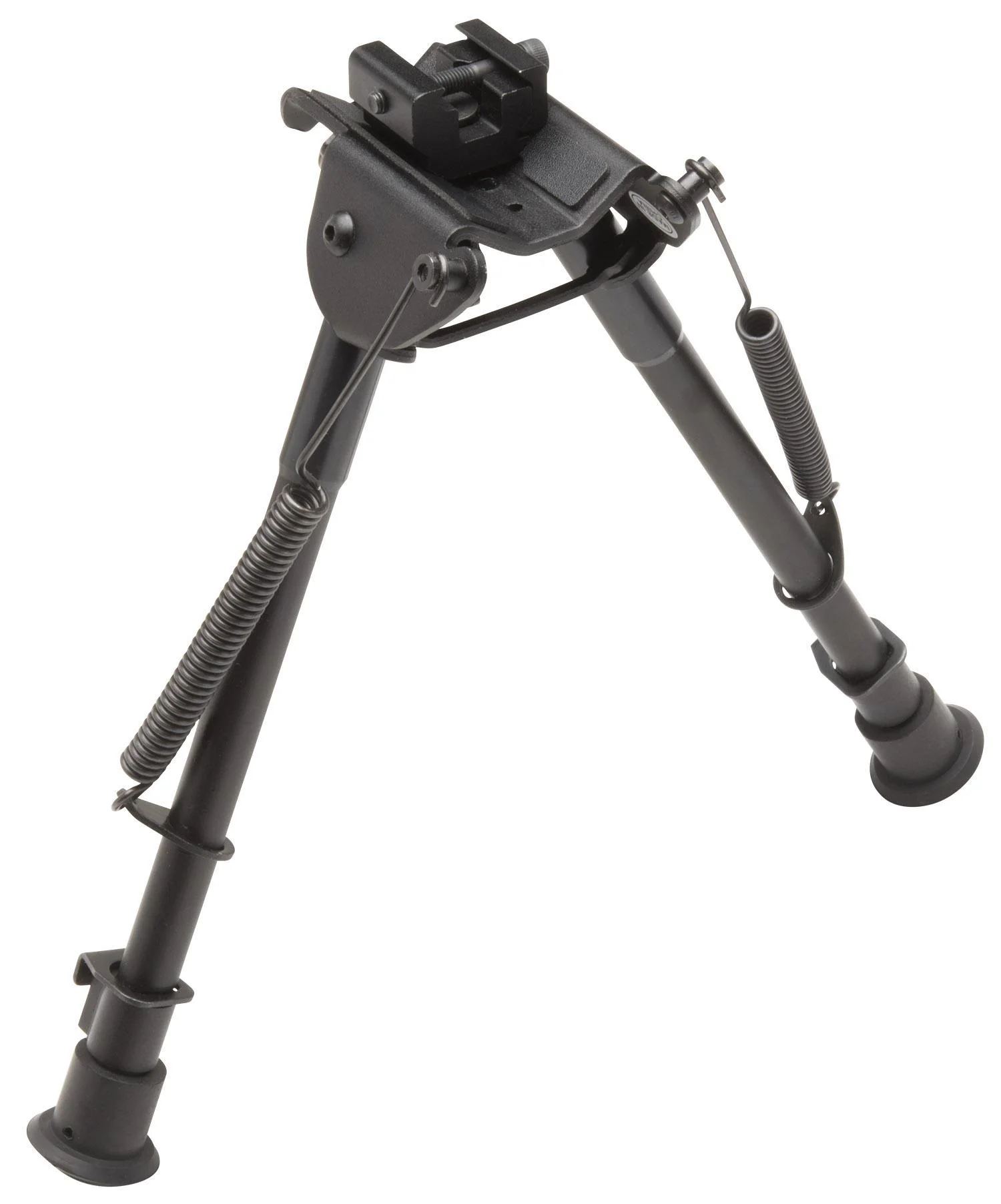 primary-48516 Truglo Tac-Pod, angled front view of black bipod with fixed base and extended adjustable legs