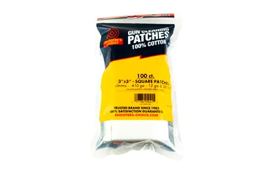 SHOOTERS CHOICE 100PK 3" PATCH clear and yellow package of white cotton patches, front view