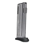 Walther P22 magazine, angled view of silver metal body with side slot and black baseplate