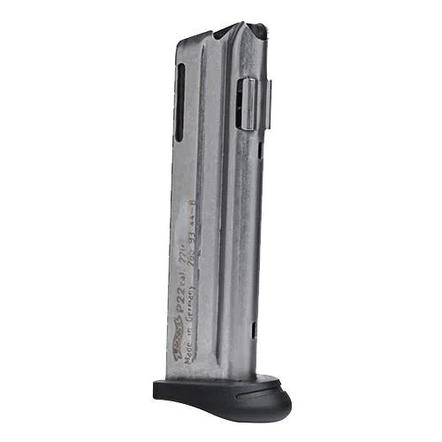 Walther P22 magazine, angled view of silver metal body with side slot and black baseplate