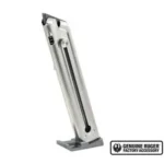 Ruger Handgun Magazine for Mark III & 22/45, angled view of silver magazine with black follower