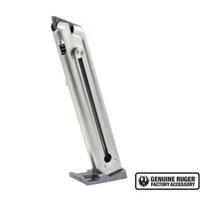 Ruger Handgun Magazine for Mark III & 22/45, angled view of silver magazine with black follower