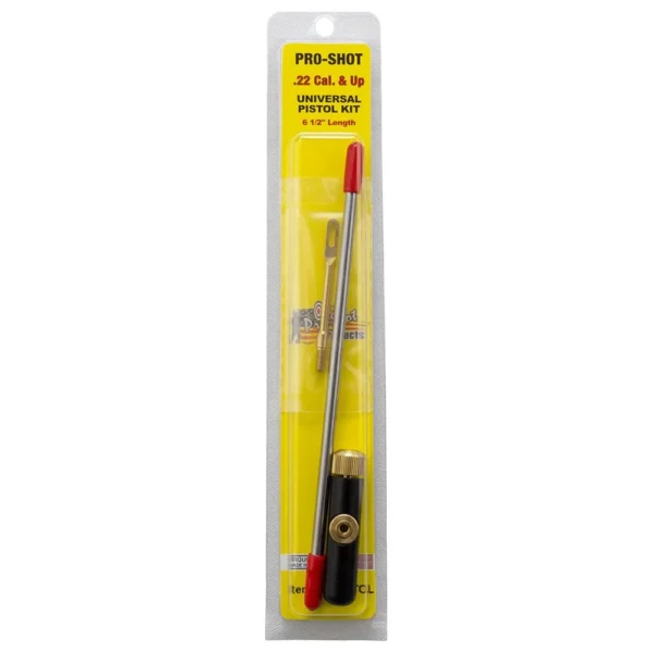 Pro-Shot Universal Pistol Cleaning Kit with rod and accessories in yellow retail packaging