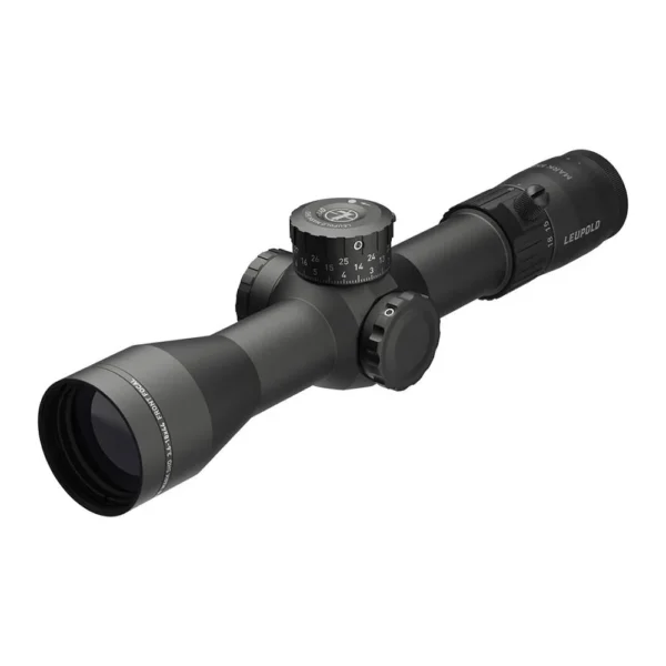 Leupold Mark 5HD black rifle scope, angled side view with large objective and adjustment turrets