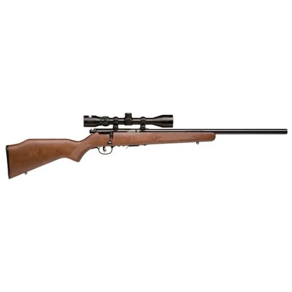 Savage Arms SAV 93R17 GVXP, right-side view of wood-stock bolt-action rifle with mounted scope