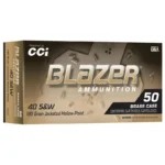 CCI Blazer Brass Handgun Ammunition box, front view, tan and black packaging