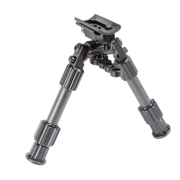 AOB Caldwell Accumax Carbon Fiber bipod, front view with black swivel mount and extended legs