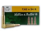 Sellier & Bellot Rifle Ammunition green and yellow box with three brass cartridges