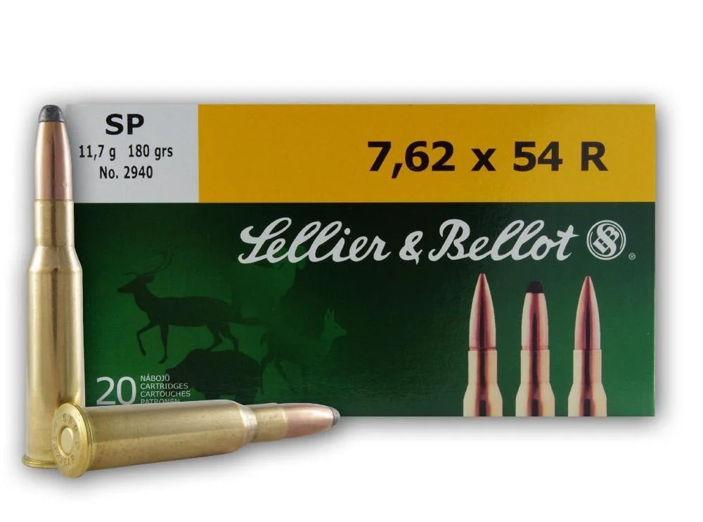 primary-48613 Sellier & Bellot Rifle Ammunition green and yellow box with three brass cartridges