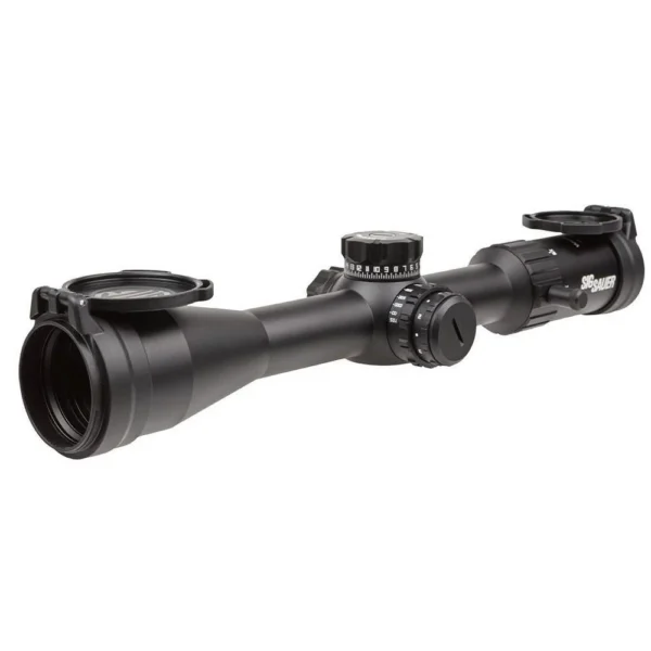 Sig Sauer Whiskey 4 black rifle scope, left side view with adjustment turrets and lens caps