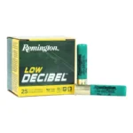 Remington REM LOW DEC green and yellow ammunition box with three green shells, front view
