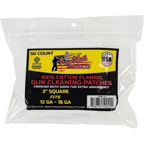 Pro-Shot 100% Cotton Flannel Patches, white patches in a clear resealable bag, front view