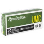Remington UMC Rifle Ammunition, green and white box shown from the front and left side
