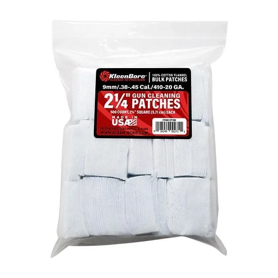 primary-48672 KleenBore Bore Cleaning Patches, clear bag of white square patches with red and black label