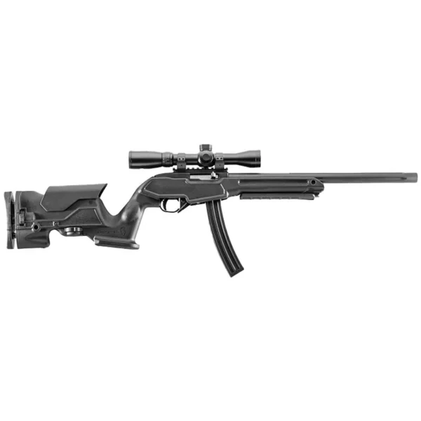 ProMag Archangel Ruger Precision Stock Kit, black right-side view fitted with scope and curved magazine