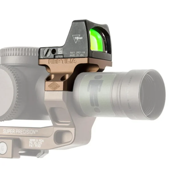 Reptilia ROF-90 red dot mount, side view in FDE beneath a black optic on a scope