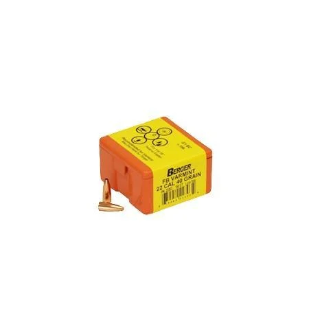 Berger .224 40G Varm FB, yellow and orange ammunition box with two copper-coloured bullets