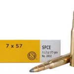Sellier & Bellot Rifle Ammunition, yellow-and-white box with two brass cartridges