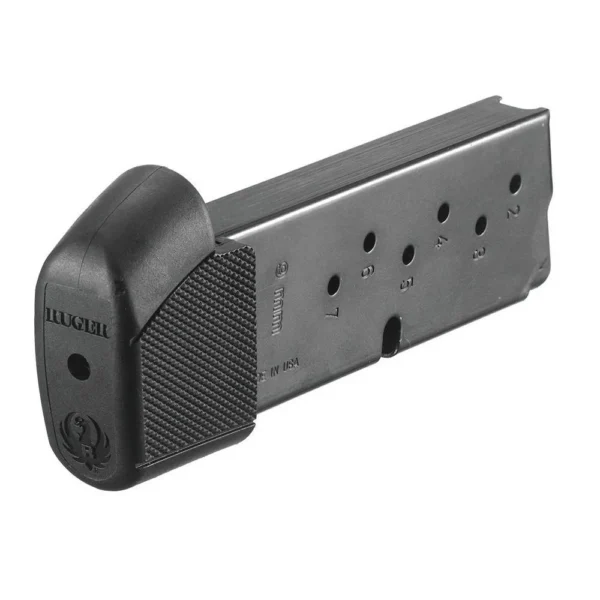 Ruger LC9/EC9S magazine, gray angled side view with black extended baseplate